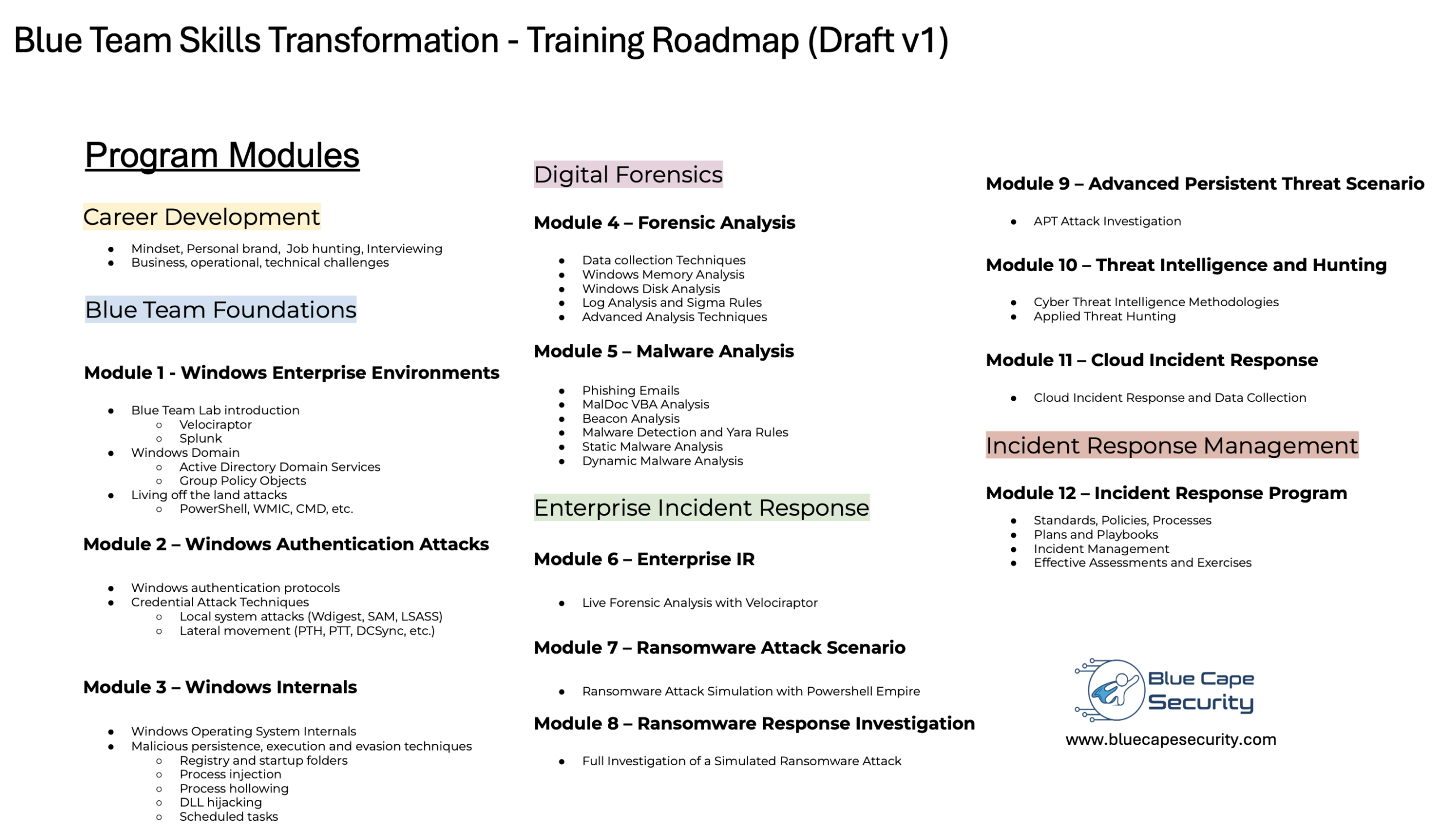 Blue Cape Security - Training Roadmap draft